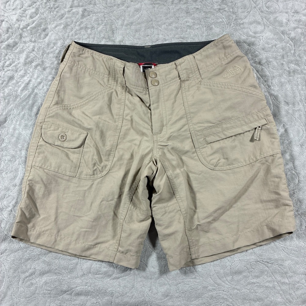 The North Face Womens Nylon Long Hiking Shorts Size 8 Tan Cargo Utility Outdoors